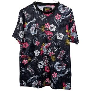 Good Vibes Drill Clothing Co Shirt Mens Medium Black Tropical Tiki Skeleton Surf